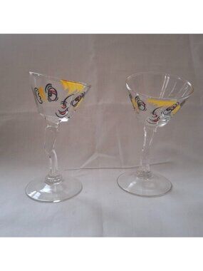 Cocktail Glasses Vintage 1950s Set of 2 Gay Fad Bent Stem Tipsy Hand Painted
